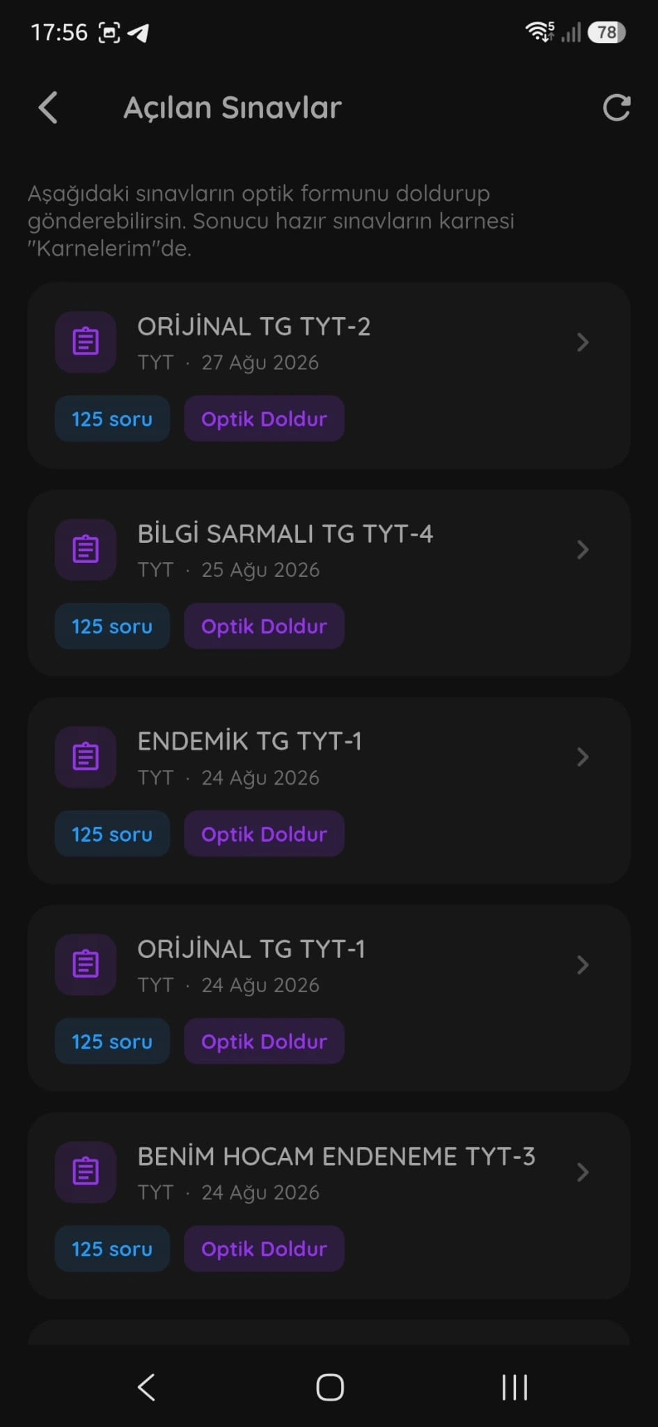Binet App — Açılan Sınavlar ekranı
